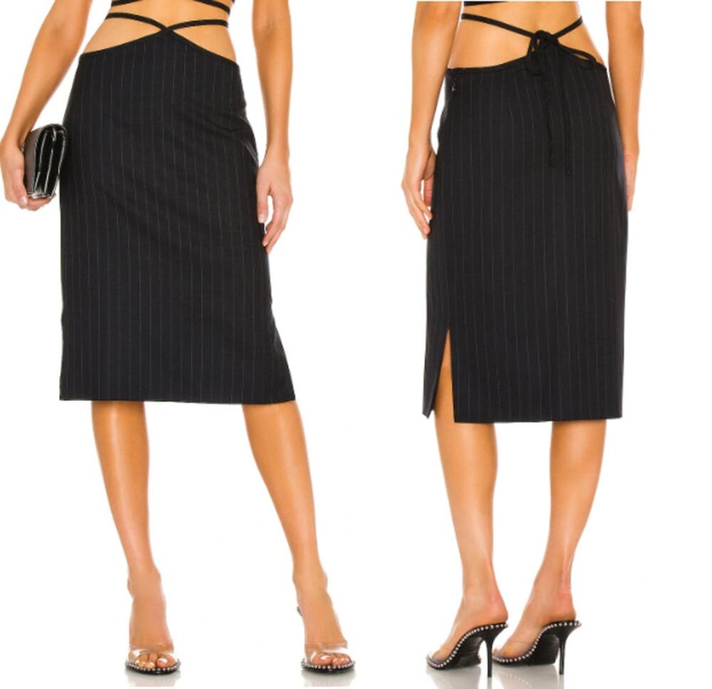 NWT Miaou Nadine Pinstriped Wrap Waist Tie Knee Length Skirt Navy Women's Size M